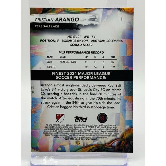 2024 Topps Finest MLS Cristian Arango Hologlow SSP Case Hit Real Salt Lake - Picture 2 of 2